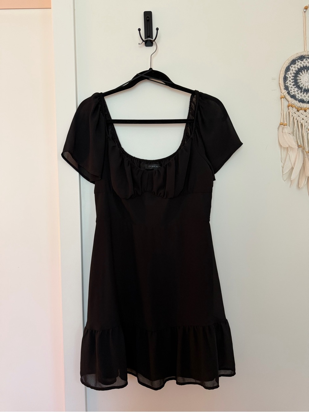 Dynamite Black Short Flutter Sleeve Ruffle-Hem Dress